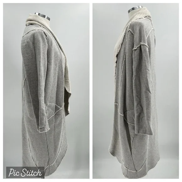 Sundance Gray and Cream Sweatshirt Waterfall Open Longline Cardigan Size M - Picture 2 of 3